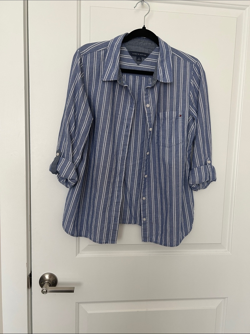 Tommy Hilfiger Blue and White Striped Women's Casual Button Down Shirt